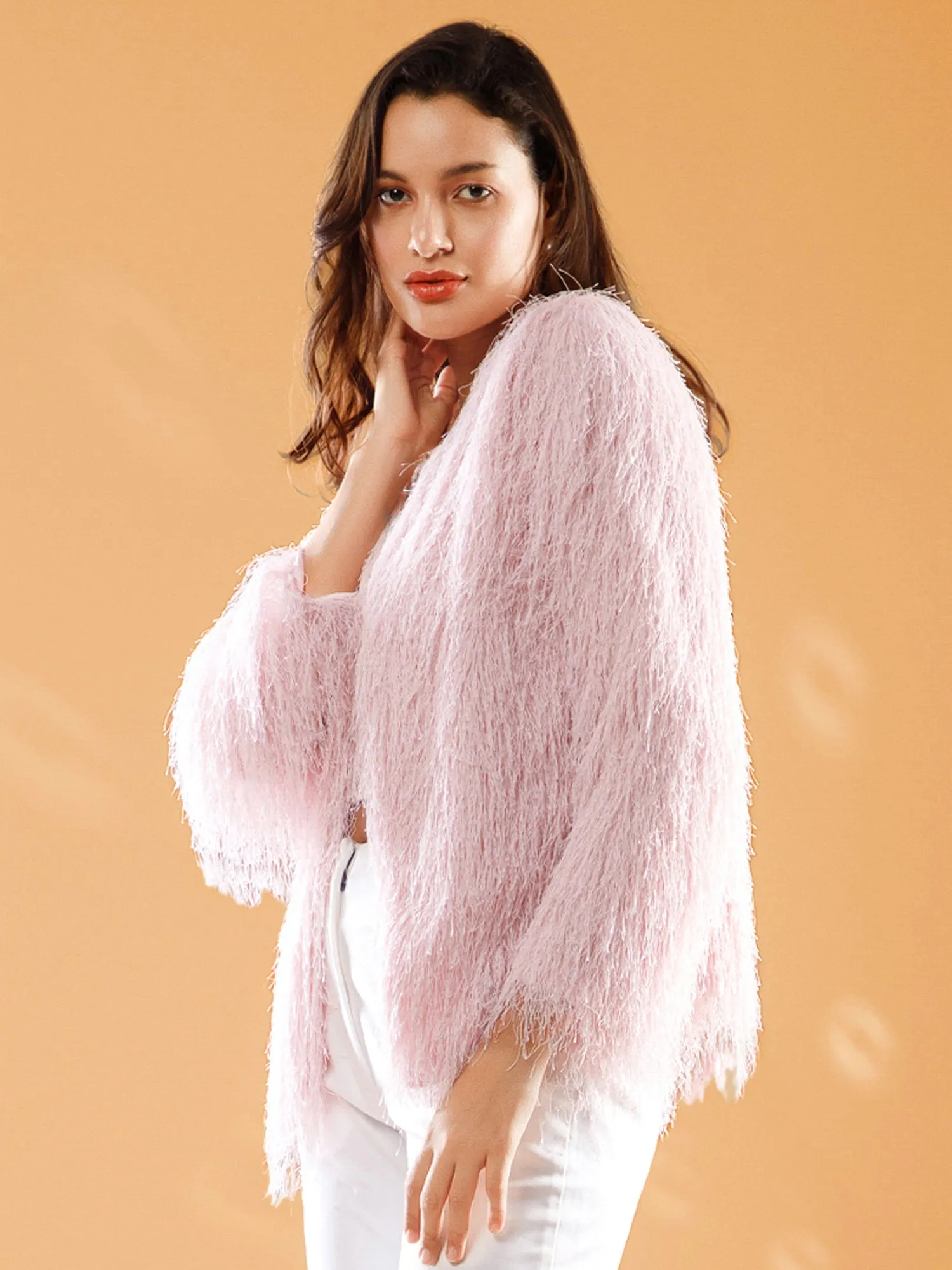 FRONT OPEN PINK FEATHER JACKET