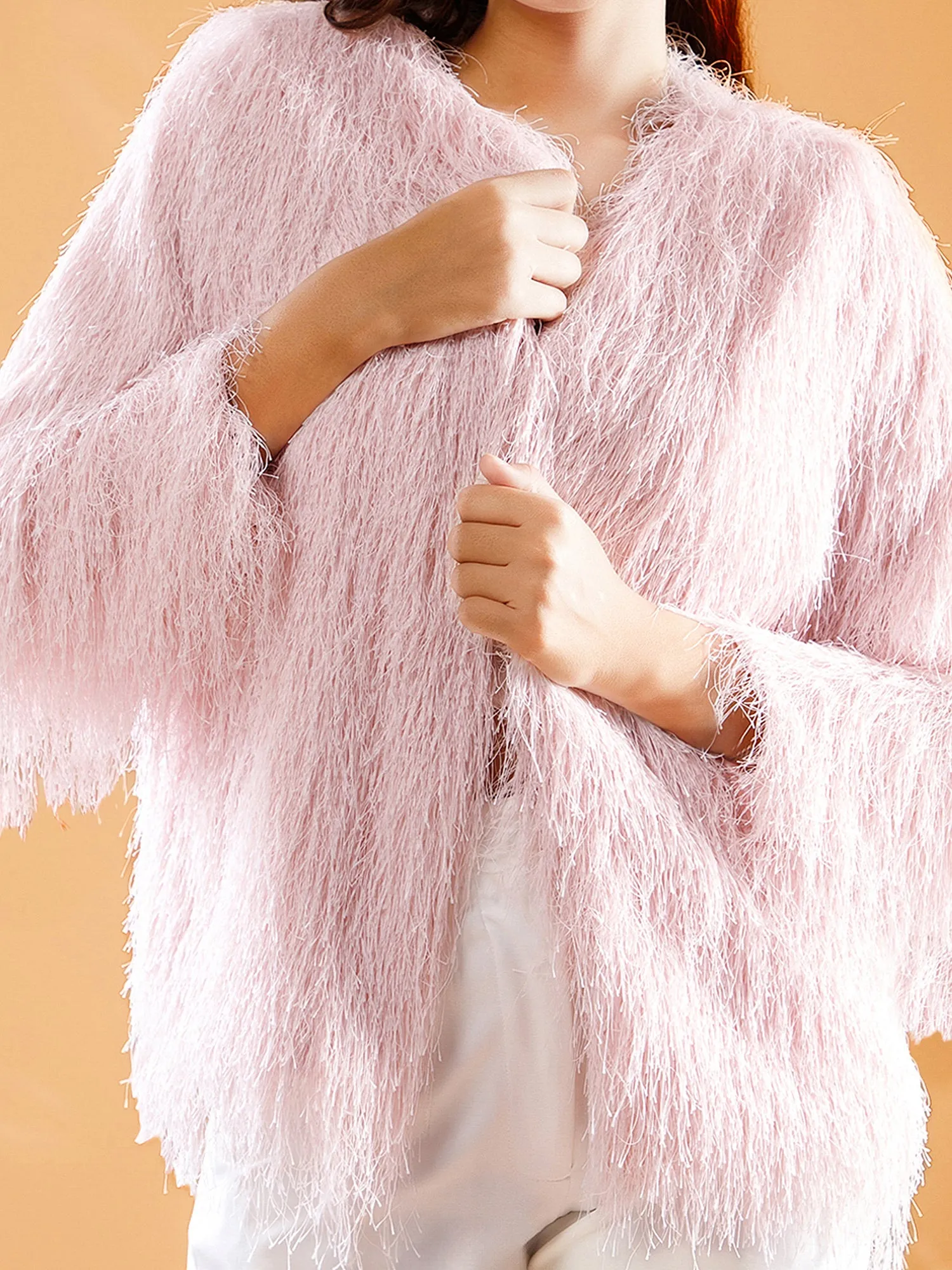 FRONT OPEN PINK FEATHER JACKET