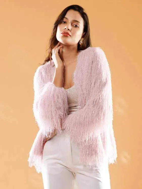 FRONT OPEN PINK FEATHER JACKET