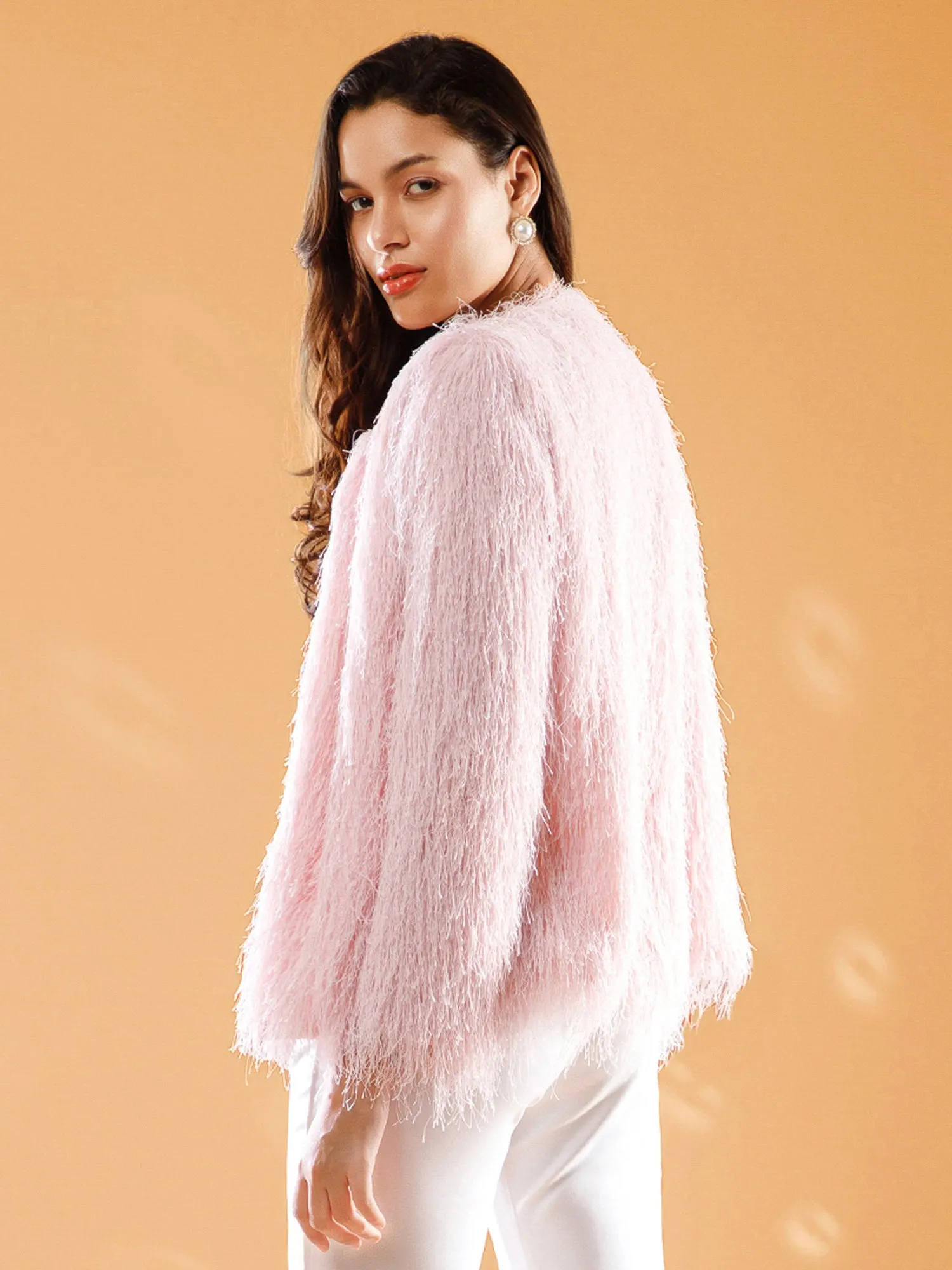 FRONT OPEN PINK FEATHER JACKET