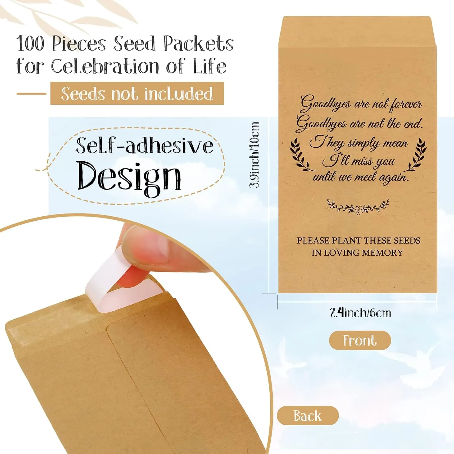 Fumete 300 Pack Funeral Favors Set 100 Self Adhesive Kraft Seed Envelopes 100 Funeral Prayer Cards 100 Organza Bags for Loss of Loved One(Classic Style)