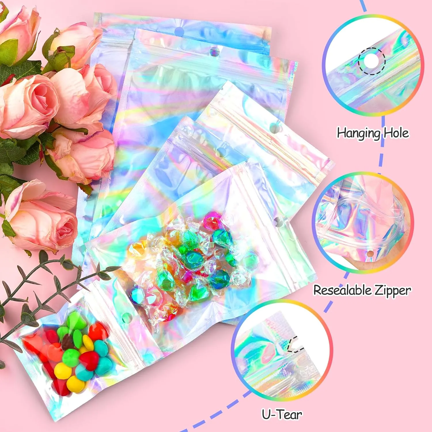 Funfery 100 Pcs Smell Proof Holographic Bags Clear Window Resealable Bags,Mylar Foil Bag with Zipper,Sealing Pouch Packaging Bag for Food Storage,Candy,Party Favor Sample Business Supplies(6.3x9.4in)