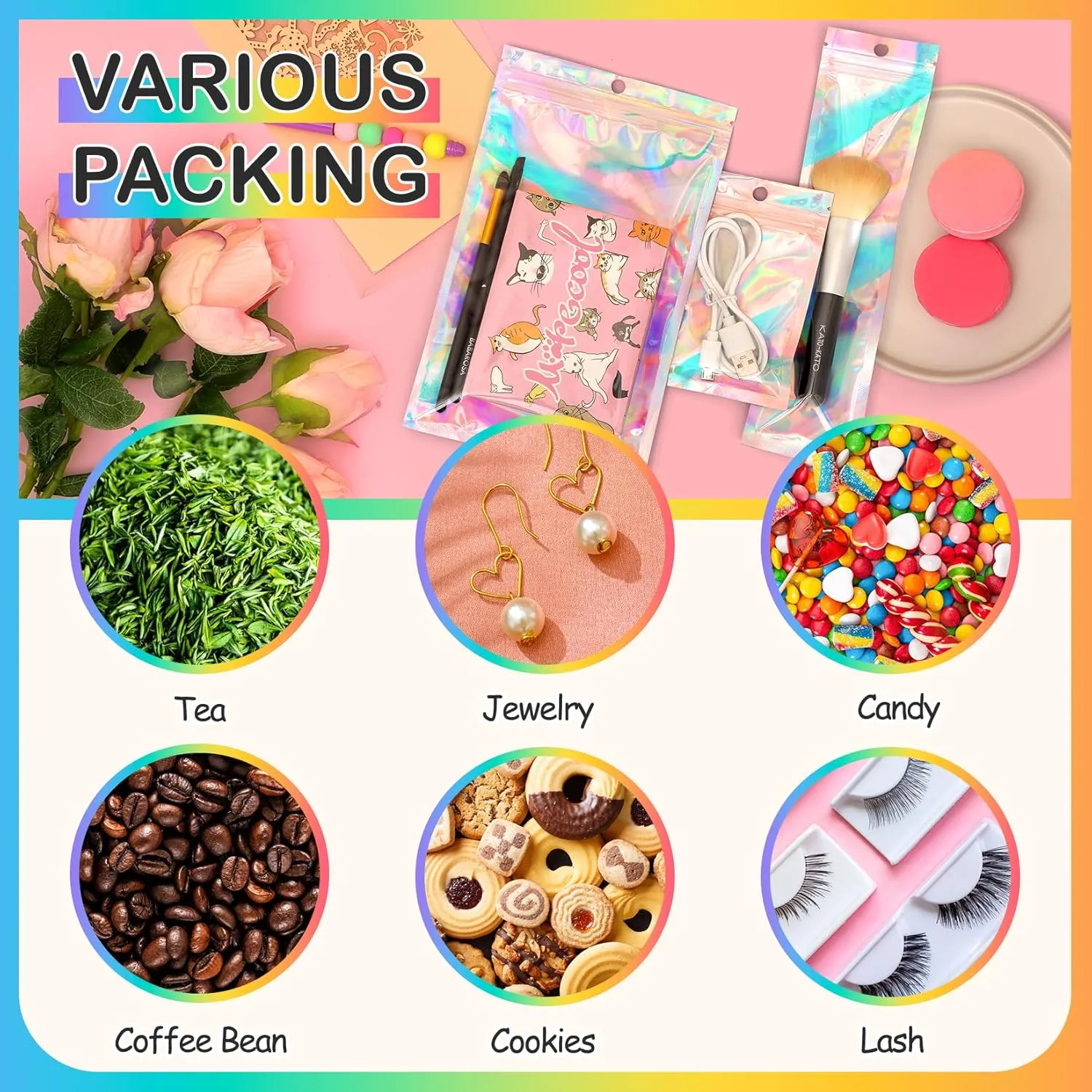 Funfery 100 Pcs Smell Proof Holographic Bags Clear Window Resealable Bags,Mylar Foil Bag with Zipper,Sealing Pouch Packaging Bag for Food Storage,Candy,Party Favor Sample Business Supplies(6.3x9.4in)