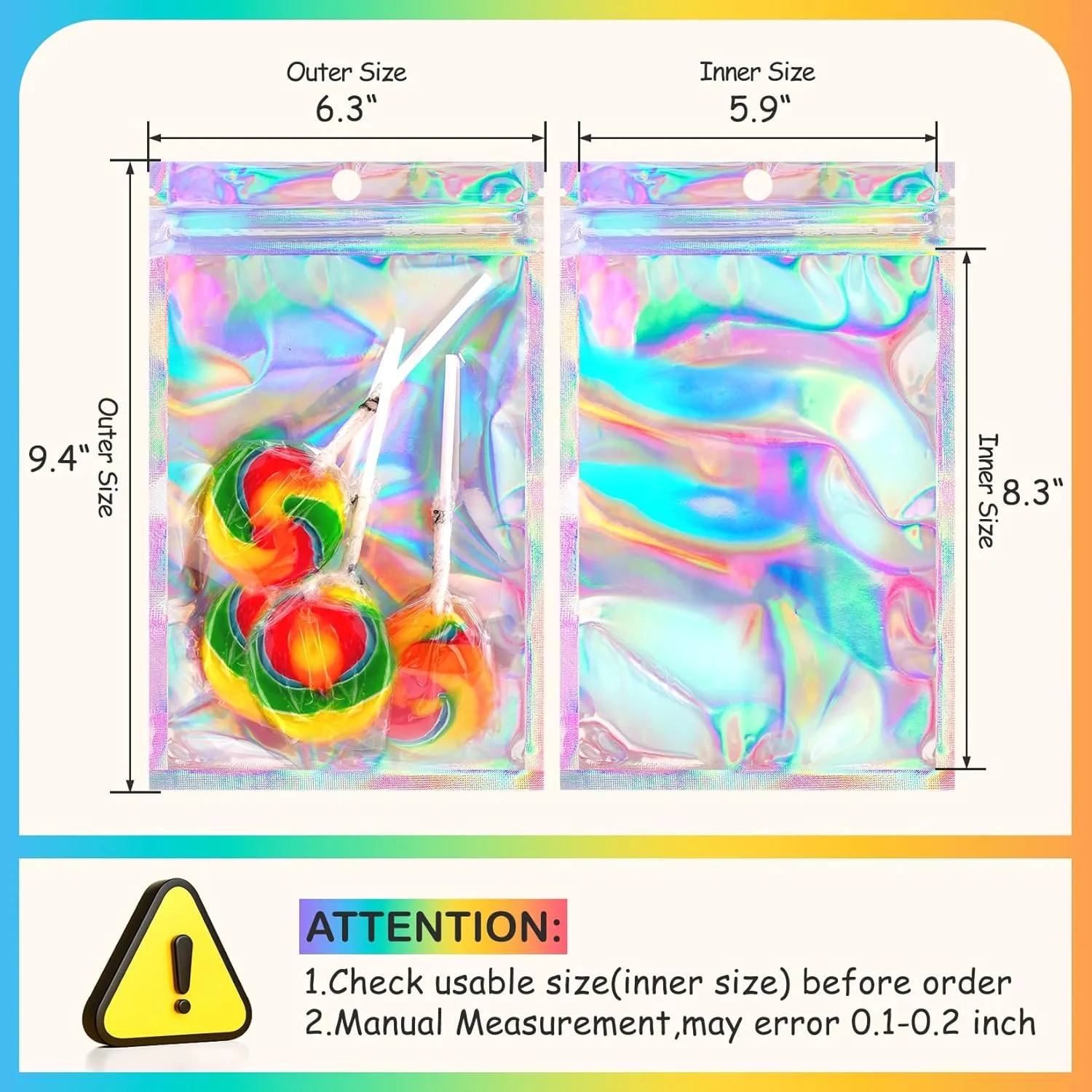 Funfery 100 Pcs Smell Proof Holographic Bags Clear Window Resealable Bags,Mylar Foil Bag with Zipper,Sealing Pouch Packaging Bag for Food Storage,Candy,Party Favor Sample Business Supplies(6.3x9.4in)
