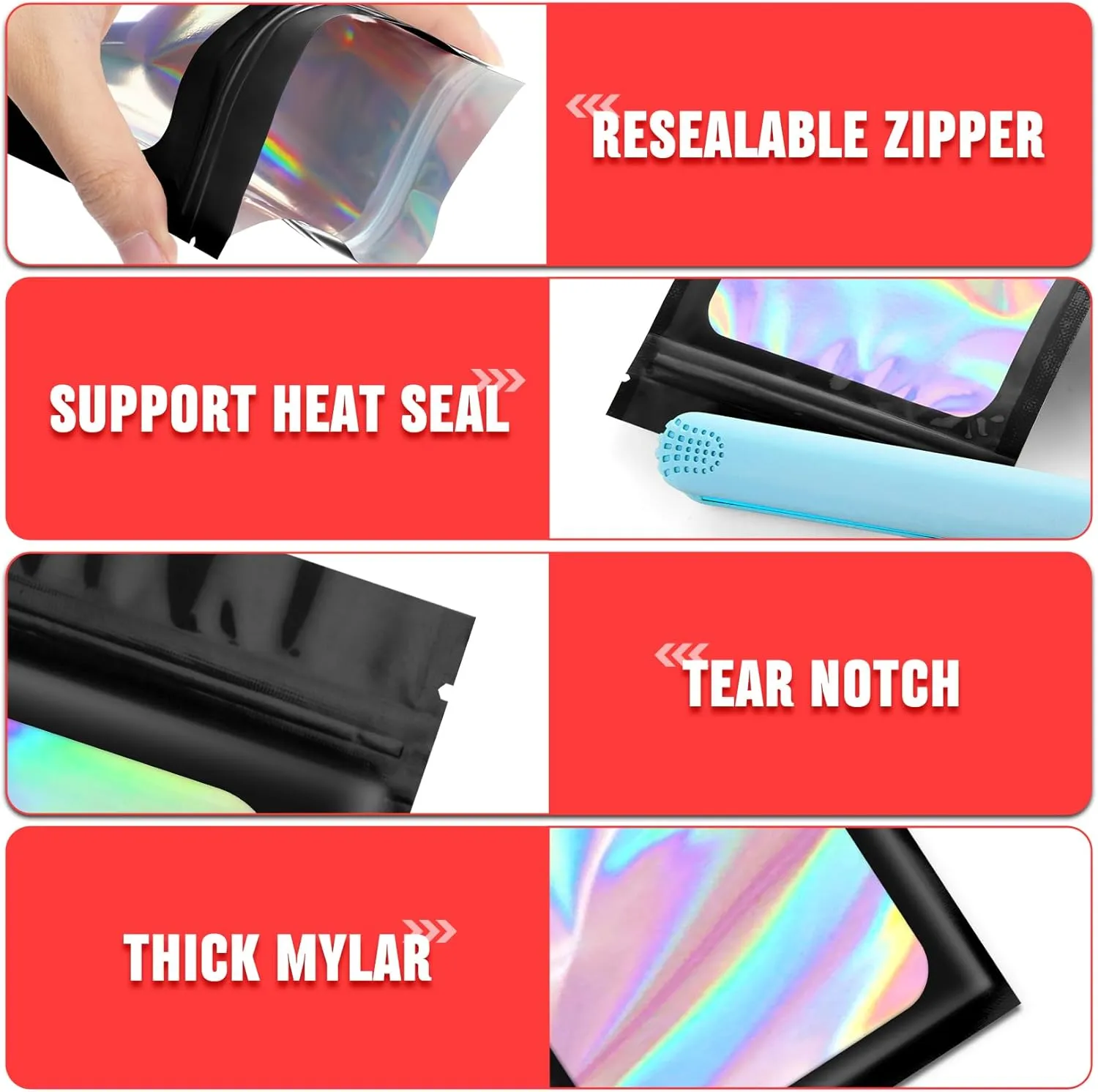 Funfery 300 Pack 3 Size Mylar Holographic Bags with Clear Window,Resealable Bags Smell Proof Bags Zipper Foil Bags Packaging Pouch for Food Storage,Sample,Small Business(Black,3x4.7,4x6,4.7x7.9in)