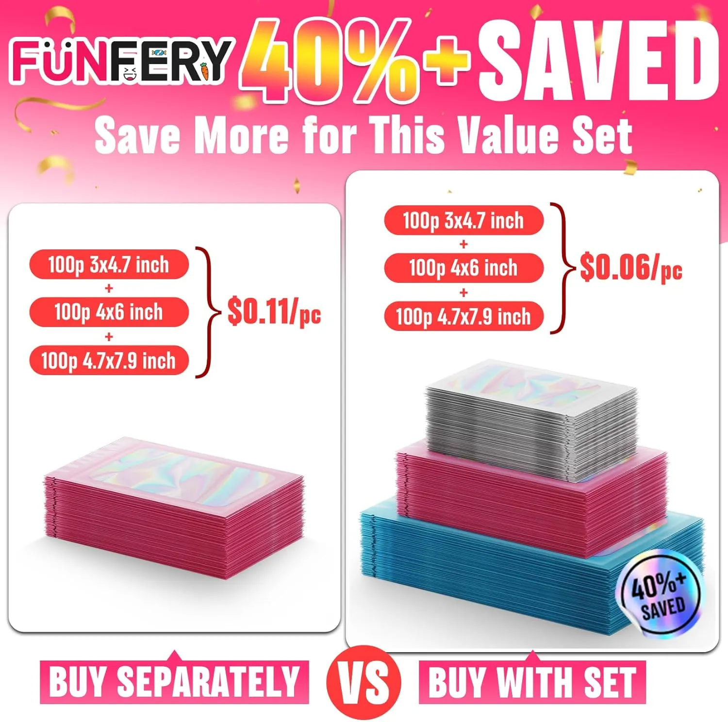 Funfery 300 Pack 3 Size Mylar Holographic Bags with Clear Window,Resealable Bags Smell Proof Bags Zipper Foil Bags Packaging Pouch for Food Storage,Sample,Small Business(Black,3x4.7,4x6,4.7x7.9in)