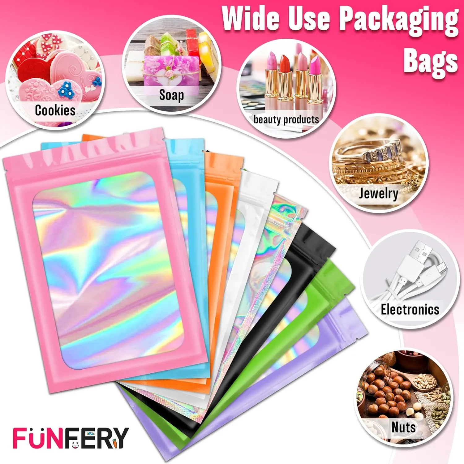 Funfery 300 Pack 3 Size Mylar Holographic Bags with Clear Window,Resealable Bags Smell Proof Bags Zipper Foil Bags Packaging Pouch for Food Storage,Sample,Small Business(Black,3x4.7,4x6,4.7x7.9in)