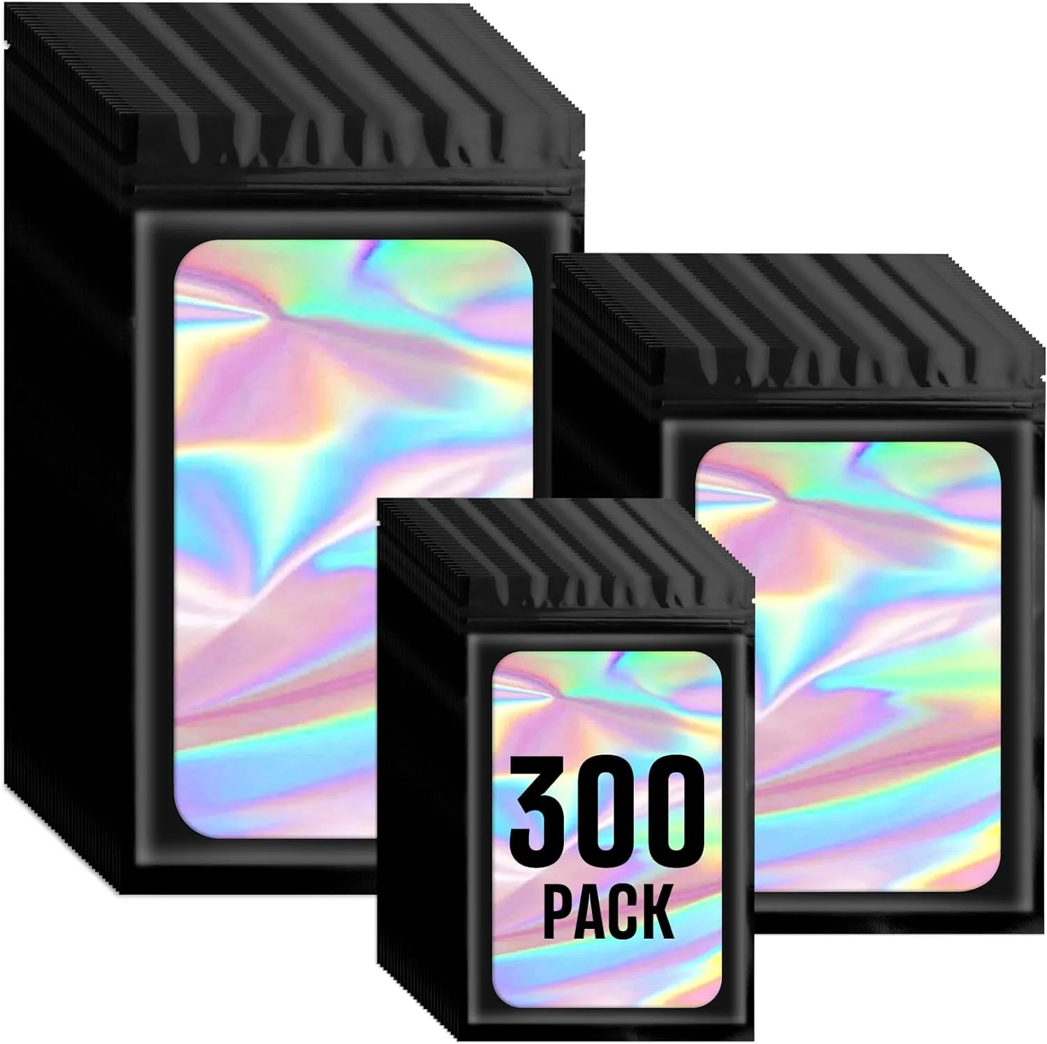 Funfery 300 Pack 3 Size Mylar Holographic Bags with Clear Window,Resealable Bags Smell Proof Bags Zipper Foil Bags Packaging Pouch for Food Storage,Sample,Small Business(Black,3x4.7,4x6,4.7x7.9in)