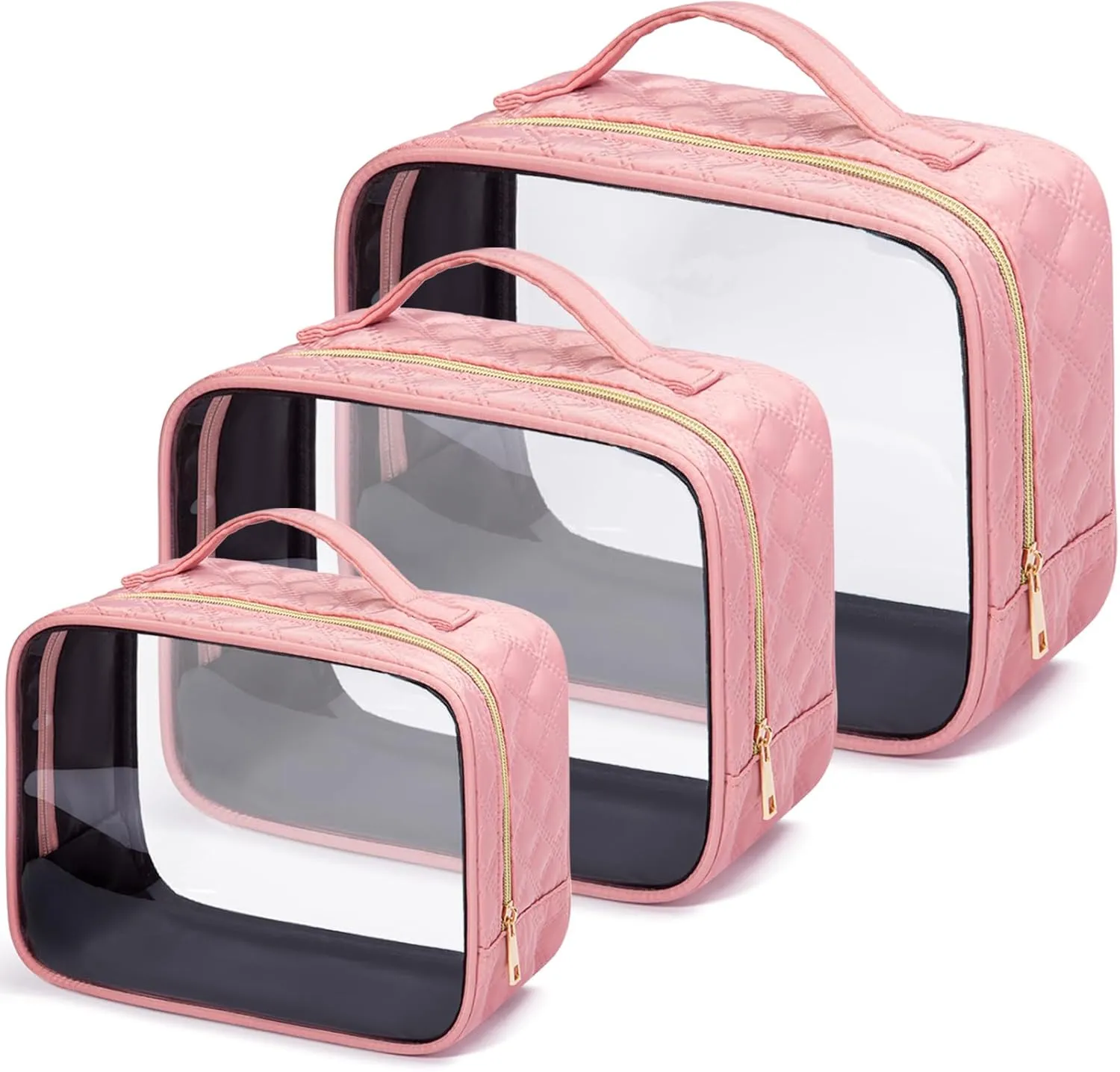 FUNSEED Large Travel Toiletry Bag, 3 Pack Clear Makeup Bags with Handles, PVC Clear Cosmetic Bags Travel Essentials for Women and Men (Pink)