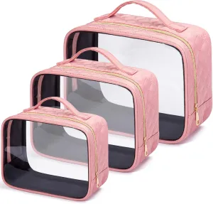 FUNSEED Large Travel Toiletry Bag, 3 Pack Clear Makeup Bags with Handles, PVC Clear Cosmetic Bags Travel Essentials for Women and Men (Pink)