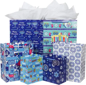 FZOPO Hanukkah Gift Bag Set, 12 Pieces Premium Quality Assorted Sizes Paper Bags with Tags, 4 Extra Large, 4 Large, 4 Medium (6 Happy Hanukkah Designs)