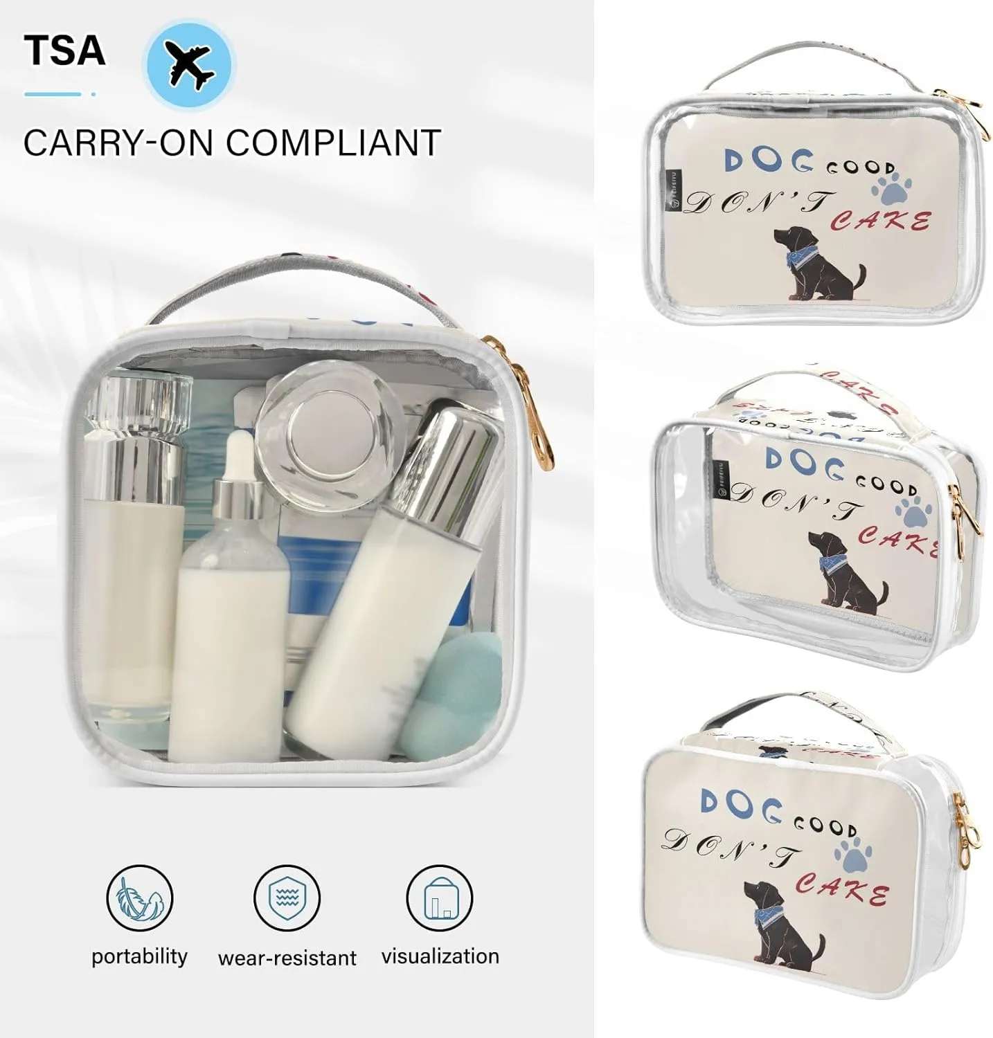 GAIGEO Blue Cute Dog DOG NOT CAKE Clear Makeup Bag Set, Travel Clear Bag Tsa Approved, Toiletries Bag for Women, 2 Pack