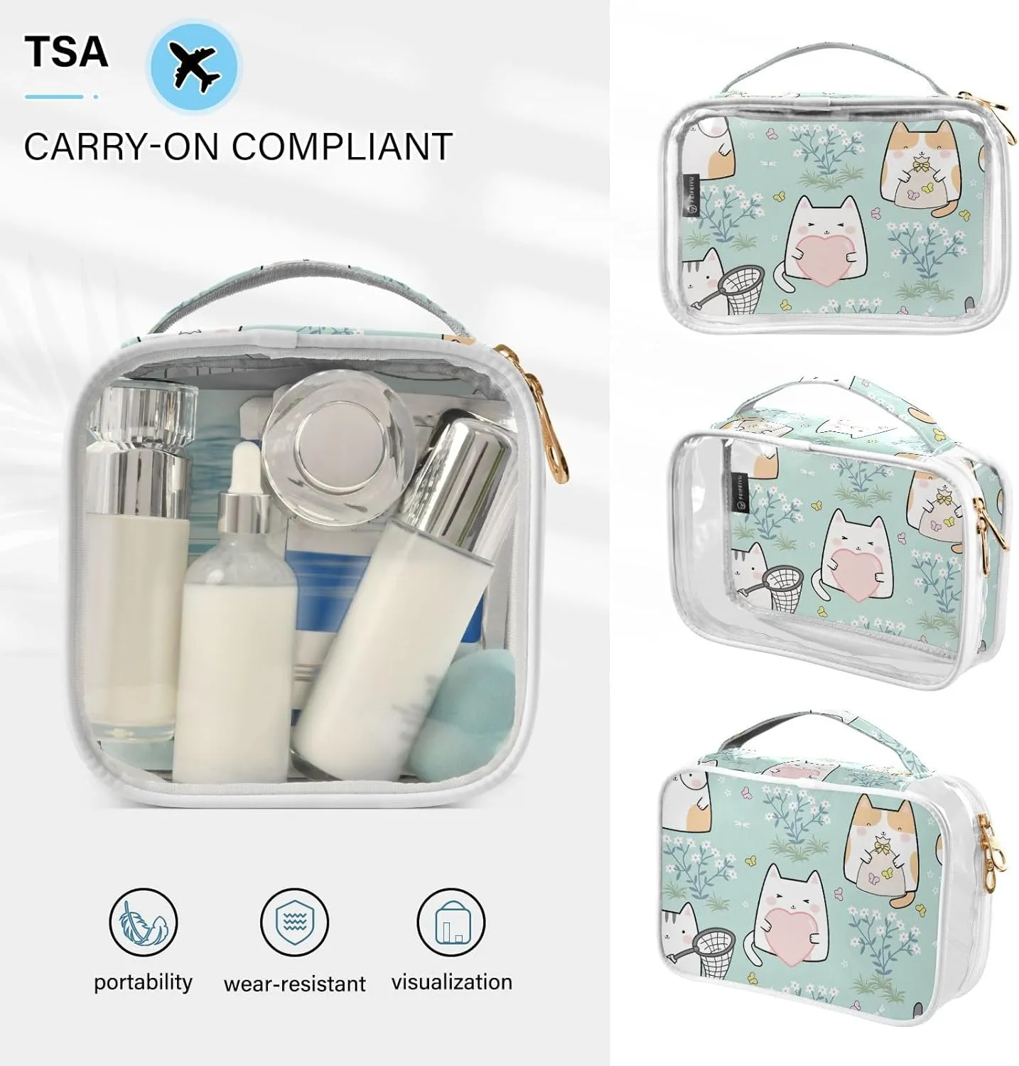 GAIGEO Cute Cat Clear Plastic Makeup Bag Travel, Clear Vacation Bag, Womens Makeup Bag, 2 Pack