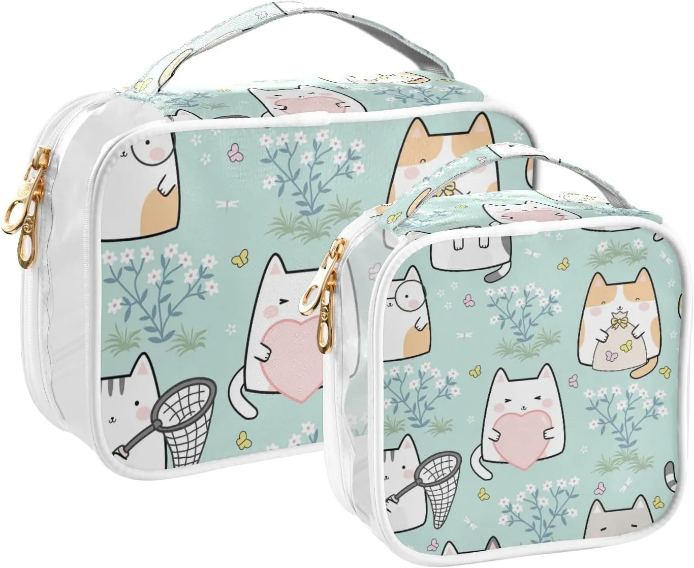 GAIGEO Cute Cat Clear Plastic Makeup Bag Travel, Clear Vacation Bag, Womens Makeup Bag, 2 Pack