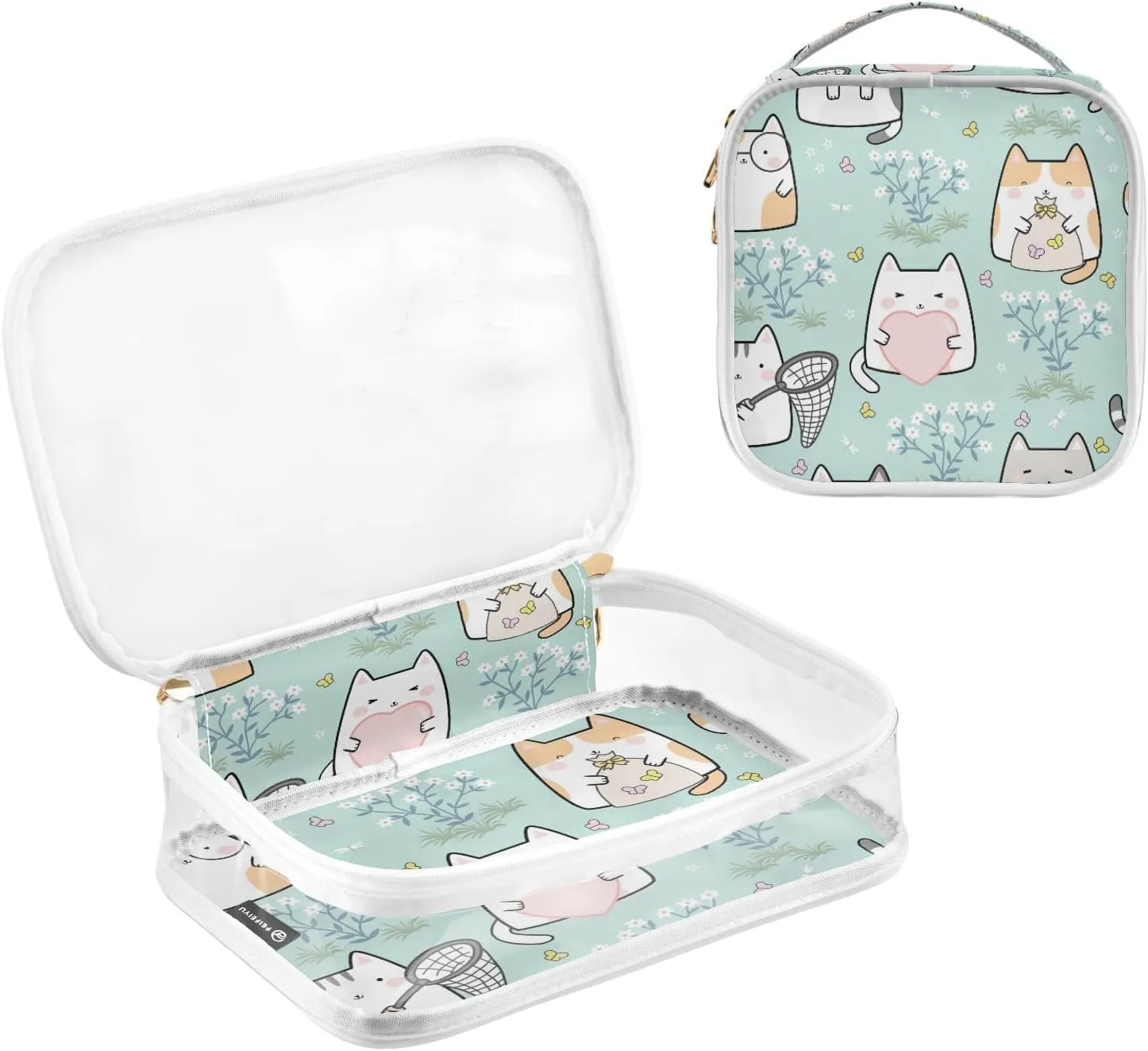 GAIGEO Cute Cat Clear Plastic Makeup Bag Travel, Clear Vacation Bag, Womens Makeup Bag, 2 Pack
