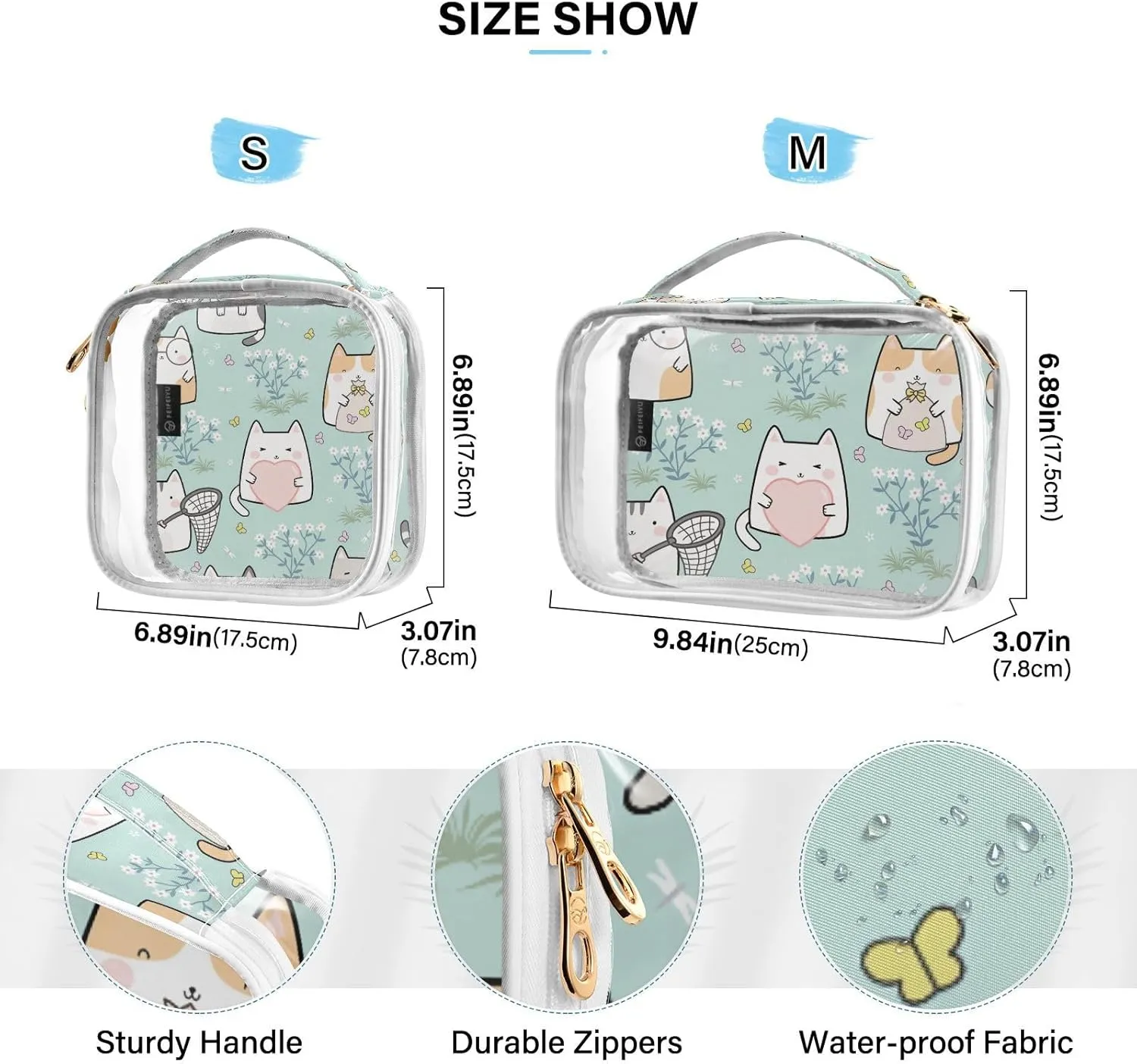 GAIGEO Cute Cat Clear Plastic Makeup Bag Travel, Clear Vacation Bag, Womens Makeup Bag, 2 Pack