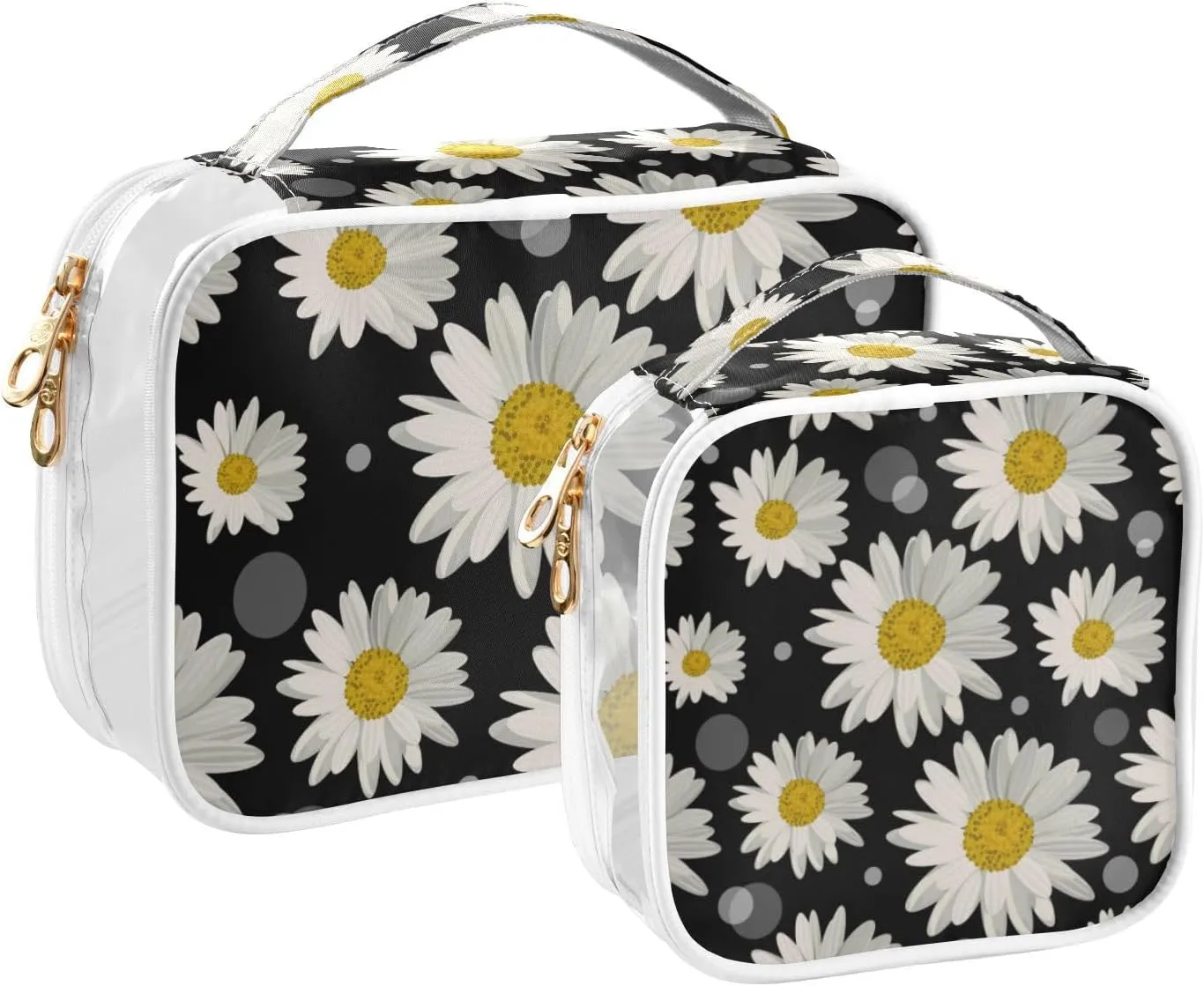 GAIGEO Daisy Flower Floral Polka Dot Clear Makeup Bag Set, Travel Makeup Bag, Transparent Toiletry Bag for Women, 2 Pack