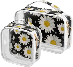 GAIGEO Daisy Flower Floral Polka Dot Clear Makeup Bag Set, Travel Makeup Bag, Transparent Toiletry Bag for Women, 2 Pack