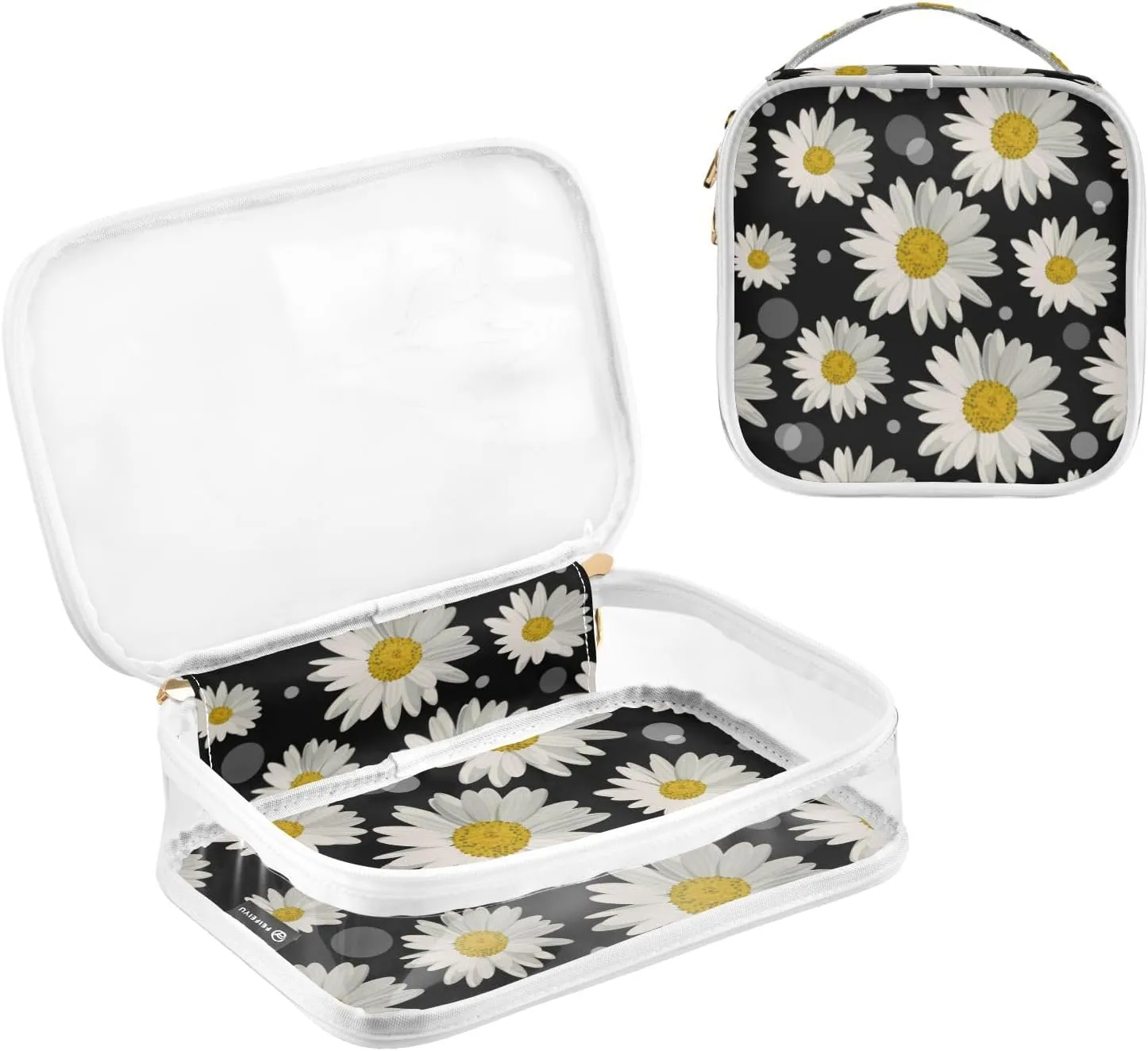GAIGEO Daisy Flower Floral Polka Dot Clear Makeup Bag Set, Travel Makeup Bag, Transparent Toiletry Bag for Women, 2 Pack