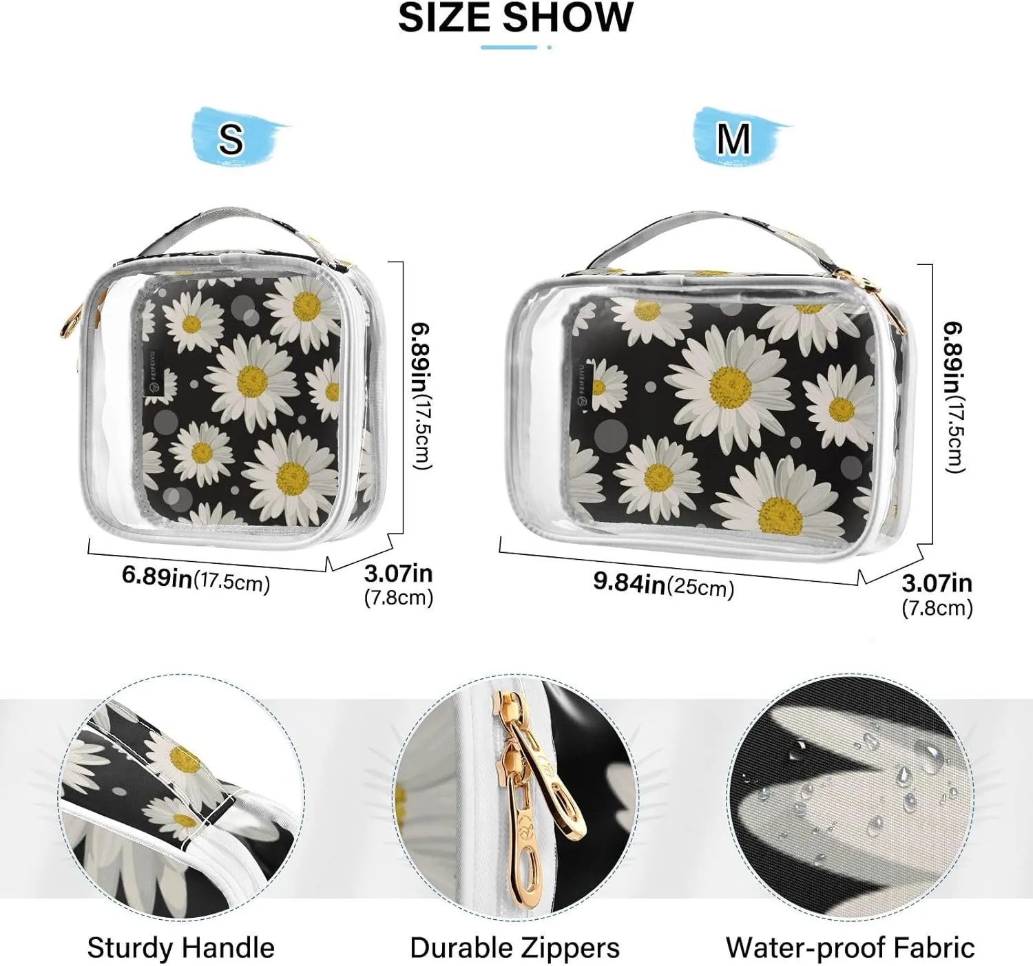 GAIGEO Daisy Flower Floral Polka Dot Clear Makeup Bag Set, Travel Makeup Bag, Transparent Toiletry Bag for Women, 2 Pack