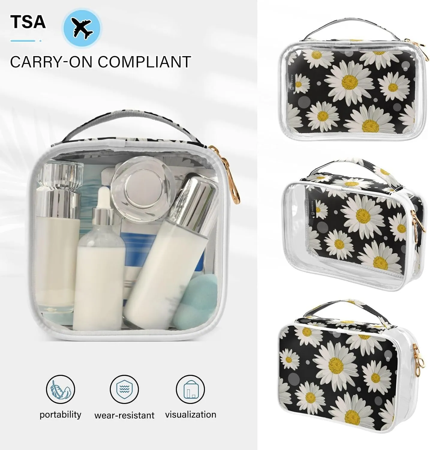 GAIGEO Daisy Flower Floral Polka Dot Clear Makeup Bag Set, Travel Makeup Bag, Transparent Toiletry Bag for Women, 2 Pack