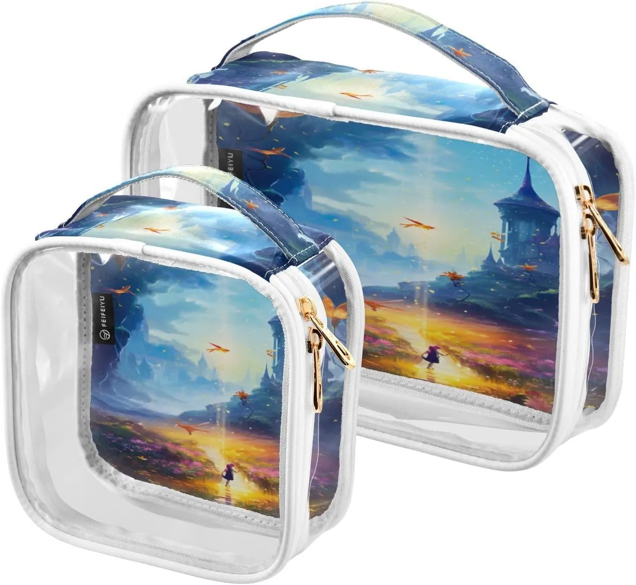 GAIGEO Fantasy World Flower Sea Clear Cosmetic Bag Set, Portable Travel Bag Organizer, Men Toiletry Bag Clear, 2 Pack