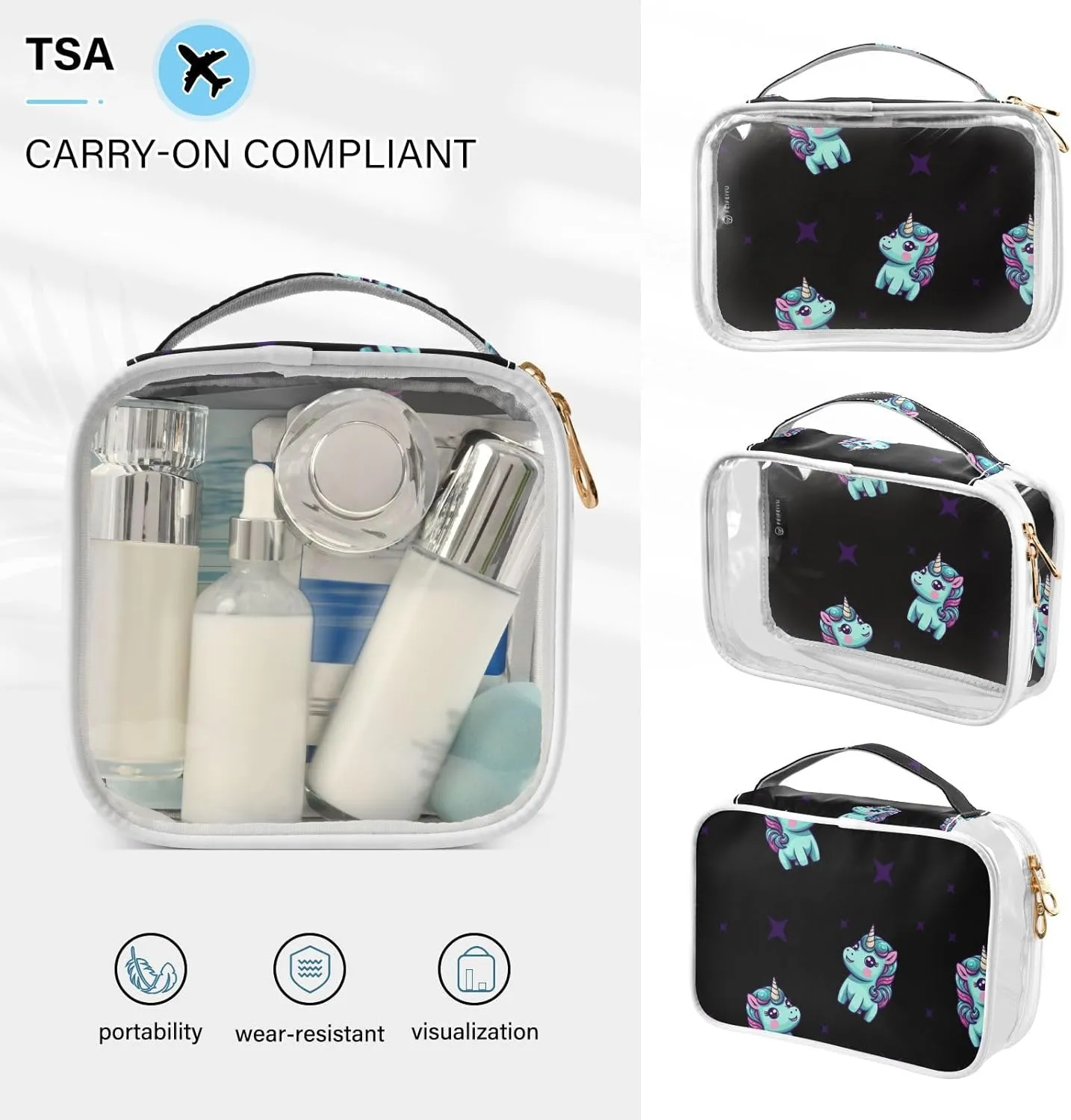 GAIGEO Fortunate Unicorn and Star Make up Traveling Organizer Bag, Toiletry Bag for Car, Cosmetics Bag for Women, 2 Pack
