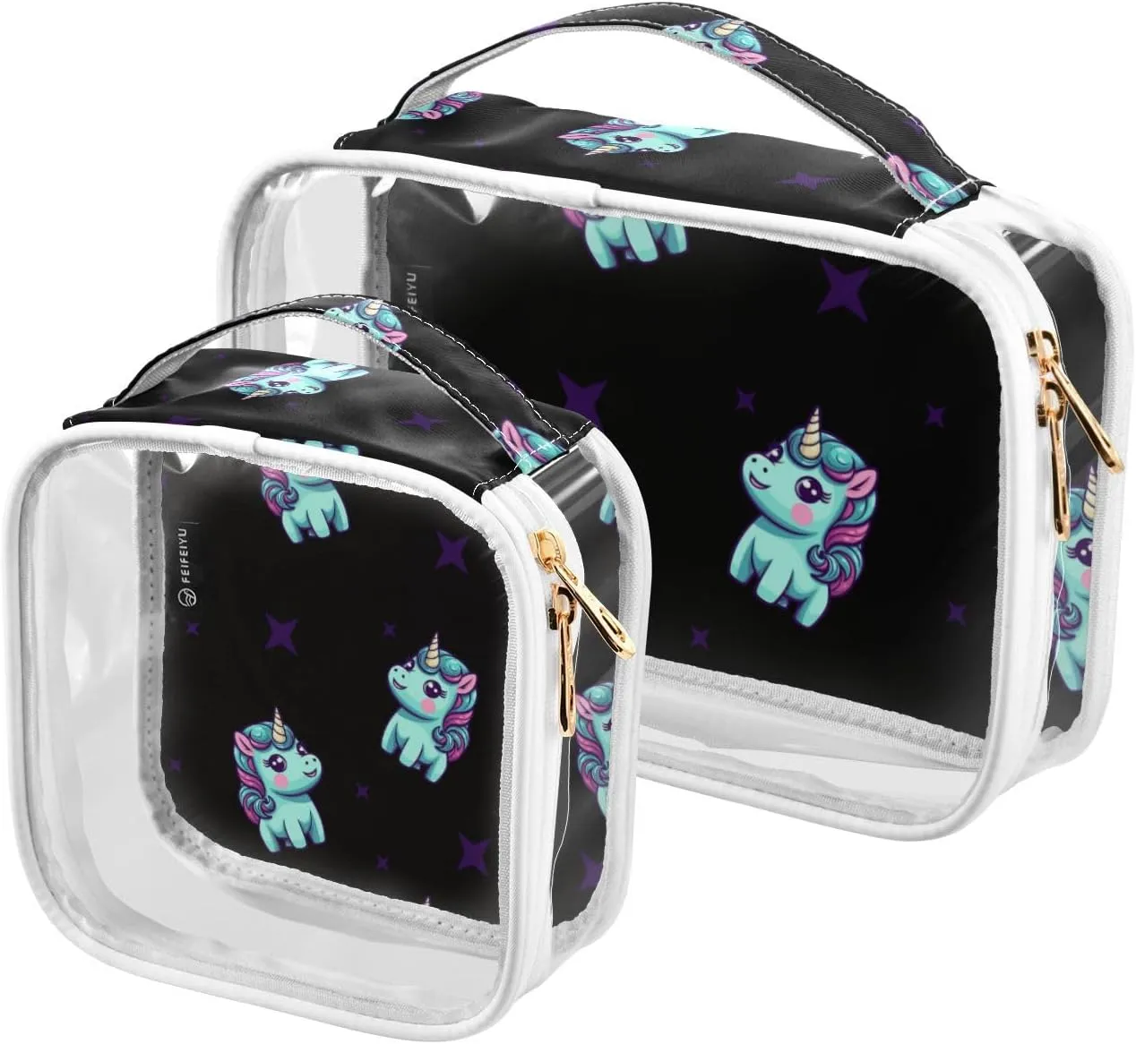 GAIGEO Fortunate Unicorn and Star Make up Traveling Organizer Bag, Toiletry Bag for Car, Cosmetics Bag for Women, 2 Pack