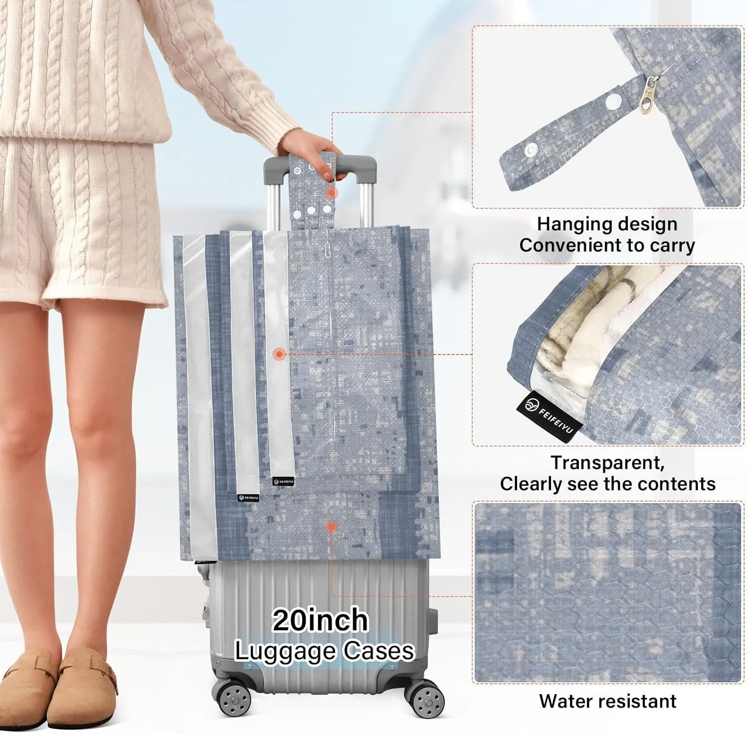Garment Bag Closet Storage, Luggage Space Saver, Blue Stripe, Waterproof, 3 Set Travel Packing Cubes For Suitcases, Luggages Management Personnel