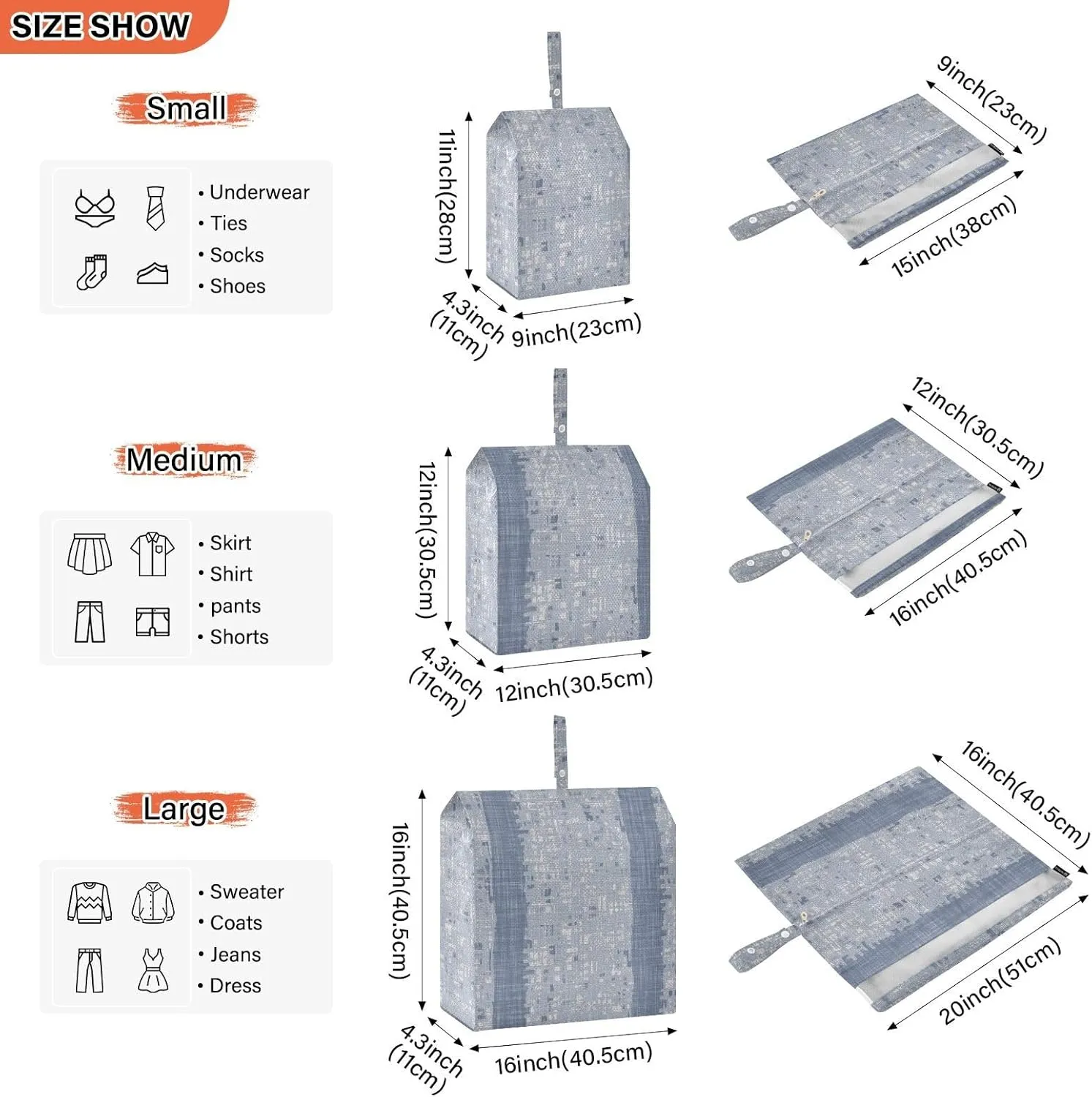 Garment Bag Closet Storage, Luggage Space Saver, Blue Stripe, Waterproof, 3 Set Travel Packing Cubes For Suitcases, Luggages Management Personnel