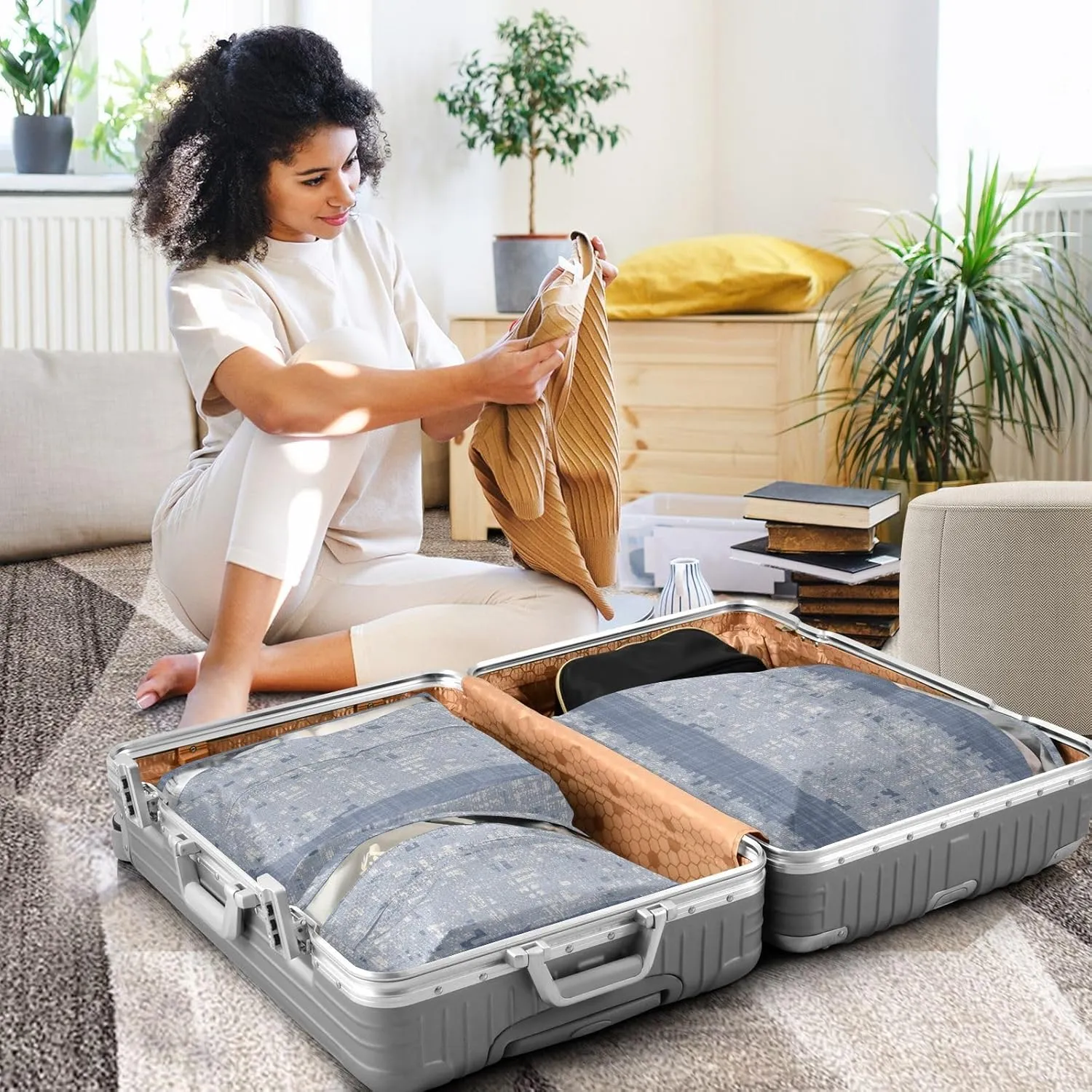 Garment Bag Closet Storage, Luggage Space Saver, Blue Stripe, Waterproof, 3 Set Travel Packing Cubes For Suitcases, Luggages Management Personnel