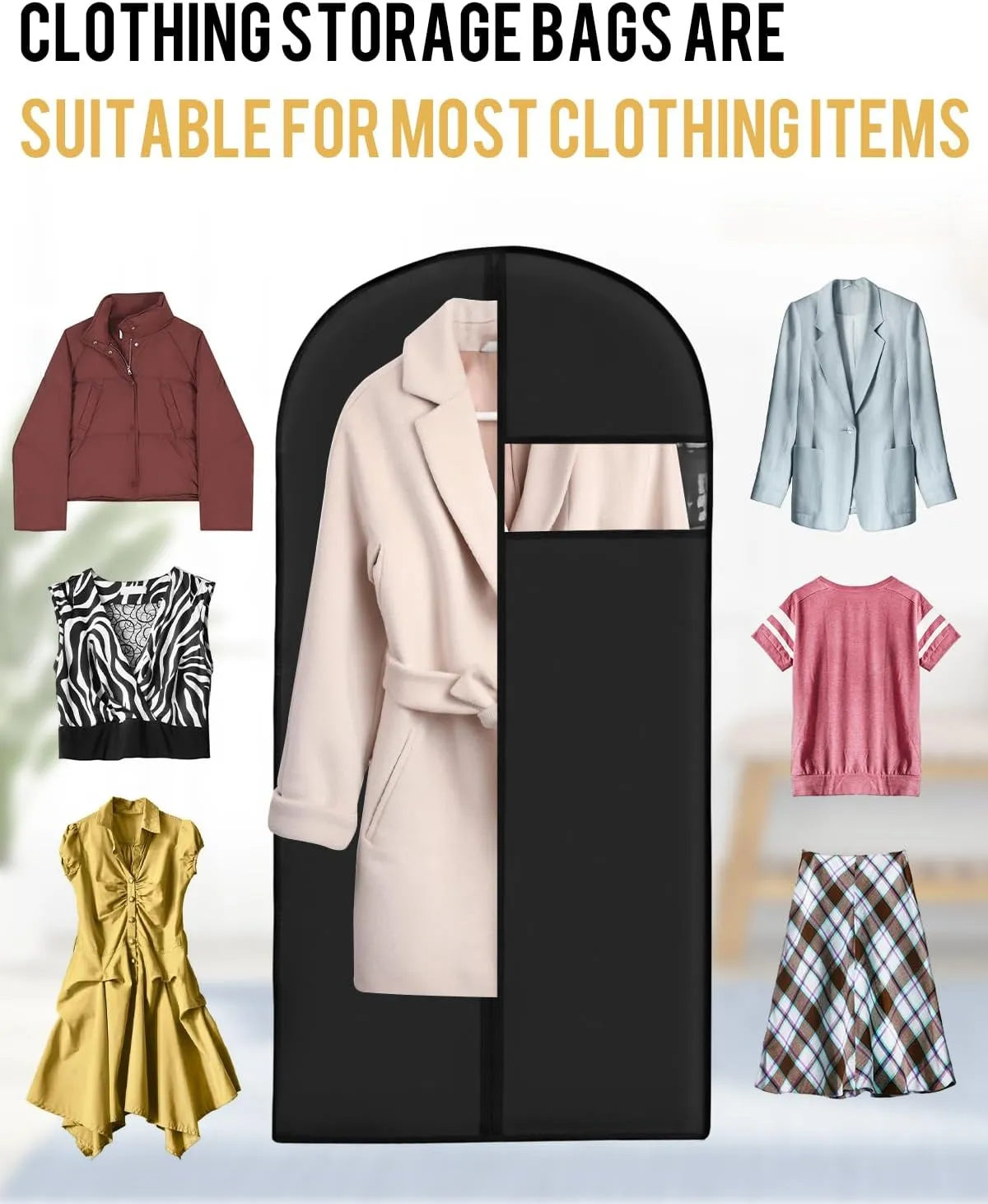 Garment Bags for Hanging Clothes (43'' x 24'' set of 10) Zipper Suit Bags for Travel with Clear Window Durable PEVA Dress Bags