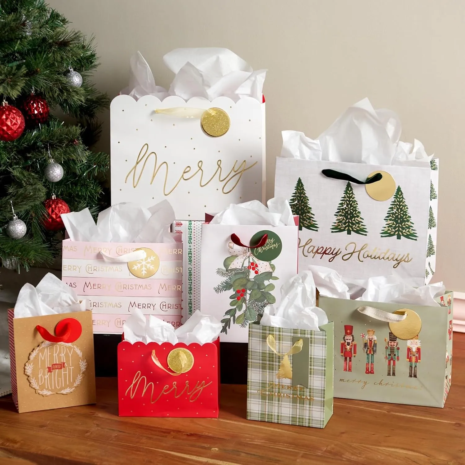 Gartner Studios Premium Christmas Gift Bags, 8 Count of Various Sizes and Designs, Elegant Gold Foil Details, and Coordinating Inside Pattern, Perfect Christmas Bags for Gifts, Holiday Gift Bags for Festive Occasions