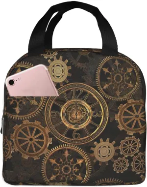 Gears Clock Bronze Century Print Lunch Bag,Reusable Insulated Lunch Tote Bag For Work/Office/Picnic/Travel