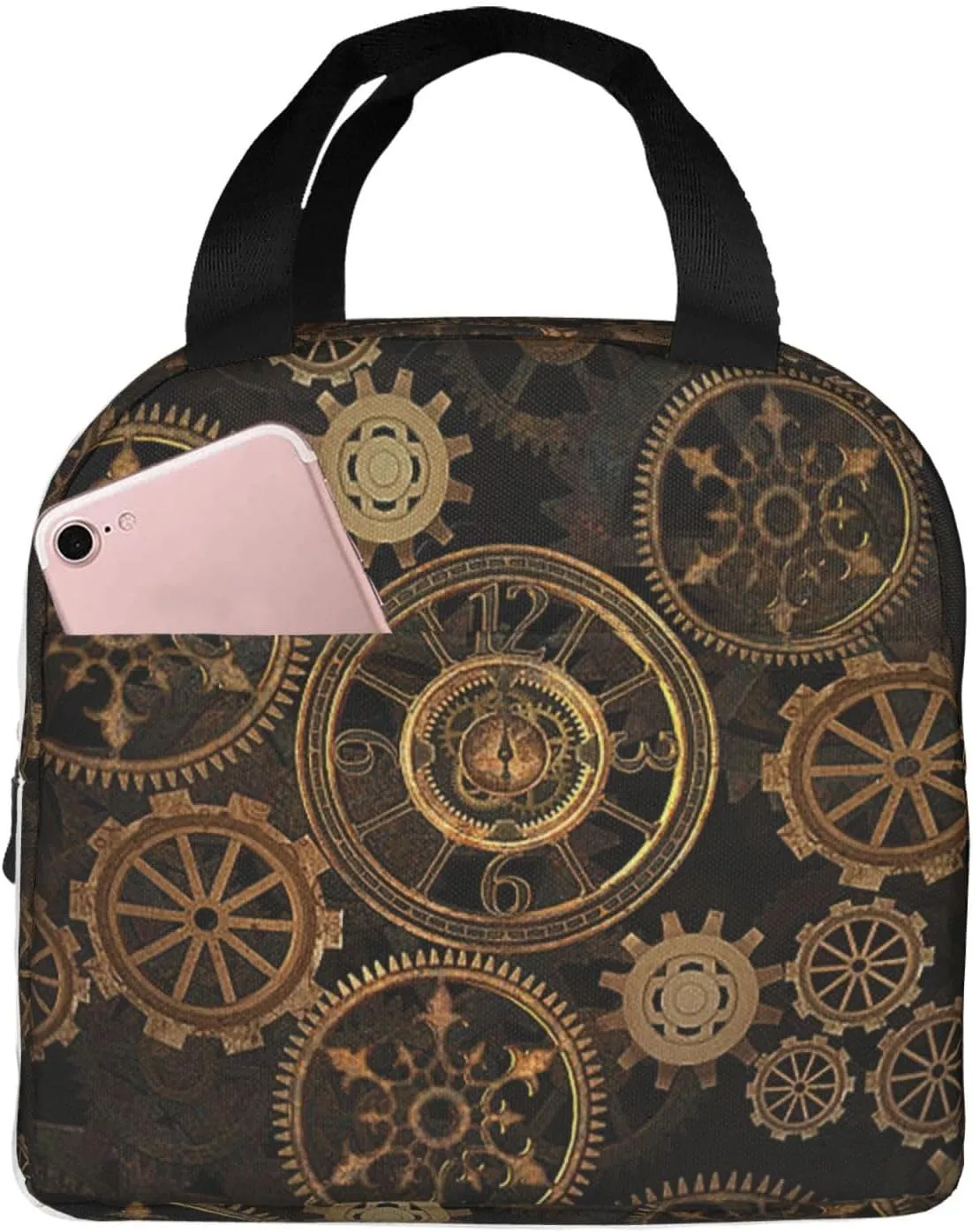 Gears Clock Bronze Century Print Lunch Bag,Reusable Insulated Lunch Tote Bag For Work/Office/Picnic/Travel