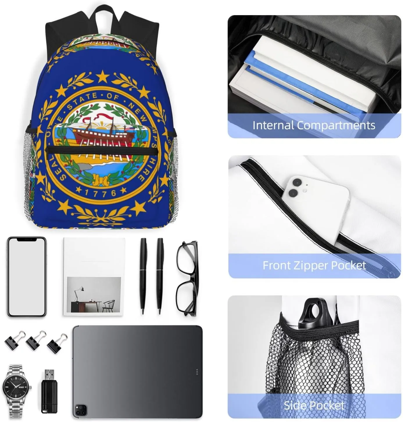 GeRRiT New Hampshire State Flag Print Casual Backpack For Women, Travel Daypack,Waterproof Gym Backpack For Men Book Bags
