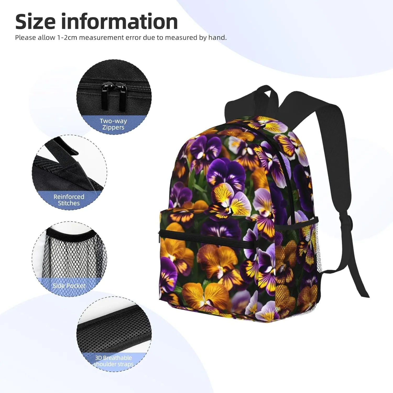 GeRRiT Pansy Perfection Print Casual Backpack For Women, Travel Daypack,Waterproof Gym Backpack For Men Book Bags, SB-122