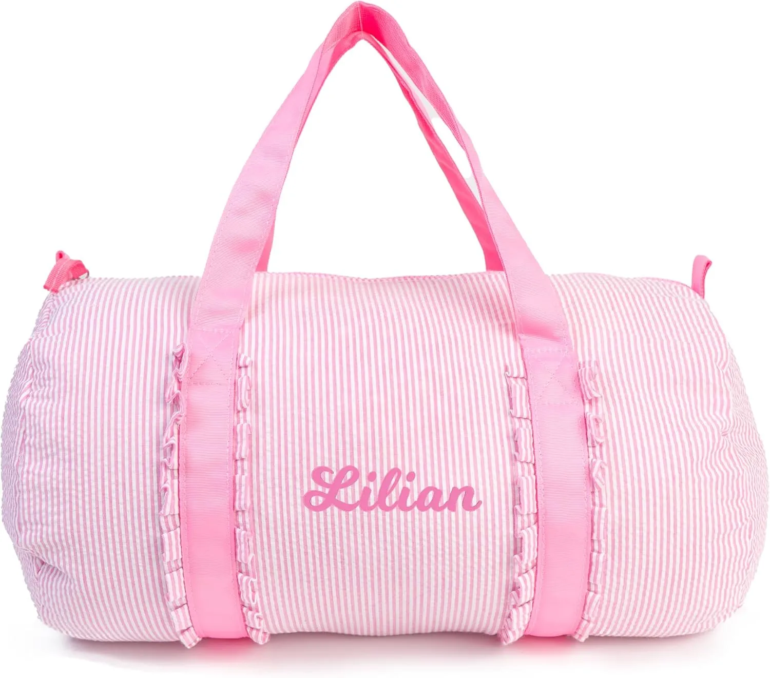 Girl Personalized Seersucker Overnight Duffle Bag - Small Ballet Dance Weekender With Ruffle for Toddler Girls (Pink)