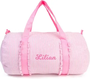Girl Personalized Seersucker Overnight Duffle Bag - Small Ballet Dance Weekender With Ruffle for Toddler Girls (Pink)