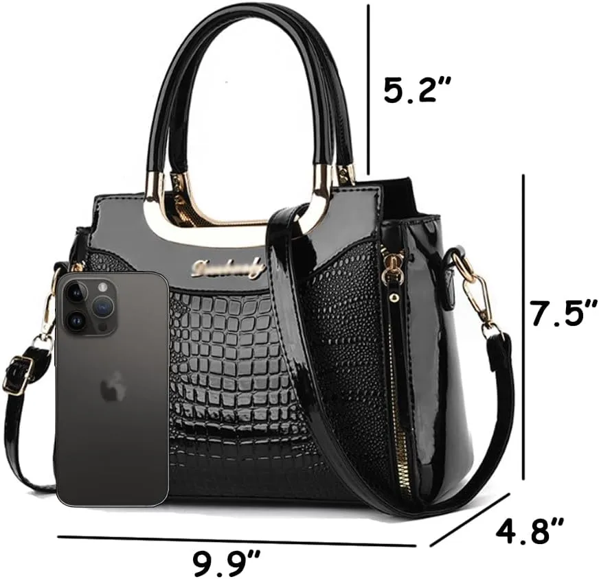 Glossy Patent Leather Handbags Purses for Women Satchel Crocodile Pattern Top Handle Handbag Ladies Shoulder Bag