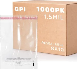 GPI - CASE of 1000 8" x 10" CLEAR SELF SEAL POLY BAGS, 1.5 Mil - Resealable Peel & Seal Polybags With Adhesive strip & Suffocation Warning