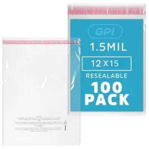 GPI - Pack of 100 12" X 15" Clear Self Seal Poly Bags, 1.5 Mil - Resealable Polybags with Adhesive strip & Suffocation Warning for Packaging T Shirts Clothing. Perfect for Shipping Supplies with FBA