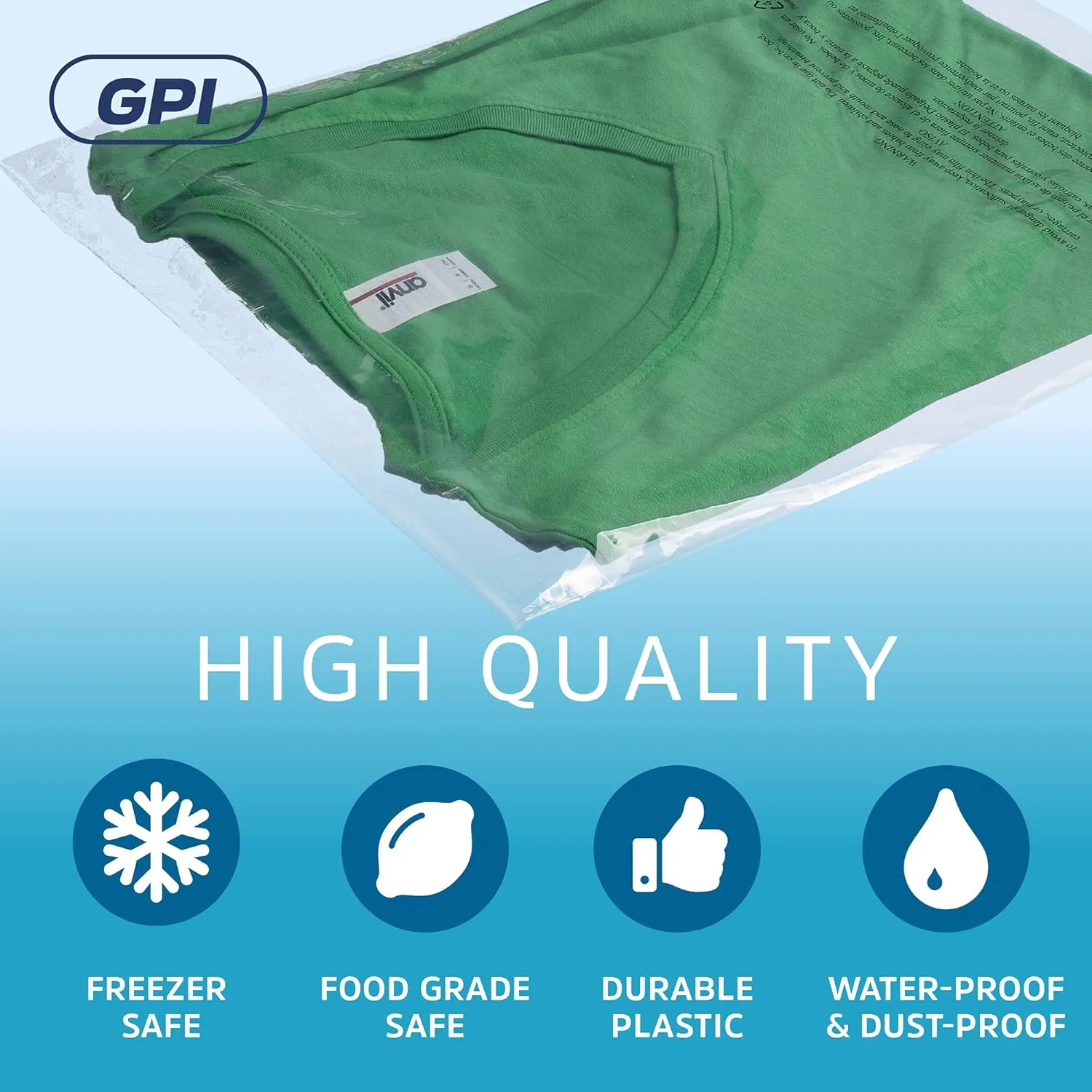 GPI - Pack of 100 12" X 15" Clear Self Seal Poly Bags, 1.5 Mil - Resealable Polybags with Adhesive strip & Suffocation Warning for Packaging T Shirts Clothing. Perfect for Shipping Supplies with FBA