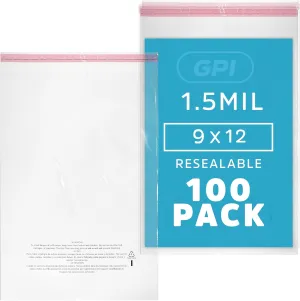 GPI - Pack of 100, 9" X 12" Clear Self Seal Poly Bags, 1.5 Mil - Resealable, Peel & Seal Poly bags with Adhesive Strip & Suffocation Warning for Packaging & Shipping T Shirts & Clothing.
