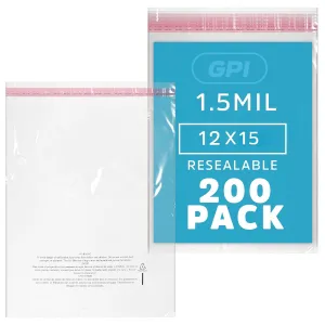 GPI - Pack of 200 12" X 15" Clear Self Seal Poly Bags, 1.5 Mil - Resealable Polybags with Adhesive strip & Suffocation Warning for Packaging T Shirts Clothing. Perfect for Shipping Supplies with FBA