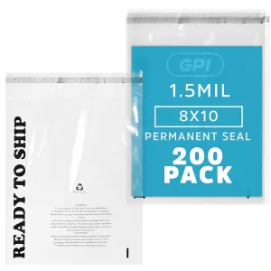 GPI - Pack of 200 8" X 10", Clear Self Seal Poly Bags - 1.5 mil Poly Bags with Permanent Adhesive Strip & Suffocation Warning for Packaging T Shirts & Clothing. Perfect for Shipping Supplies with FBA