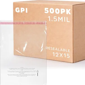 GPI - Pack of 500 12" X 15" Clear Self Seal Poly Bags, 1.5 Mil - Resealable Polybags with Adhesive Strip & Suffocation Warning for Packaging T Shirts Clothing. Perfect for Shipping Supplies with FBA
