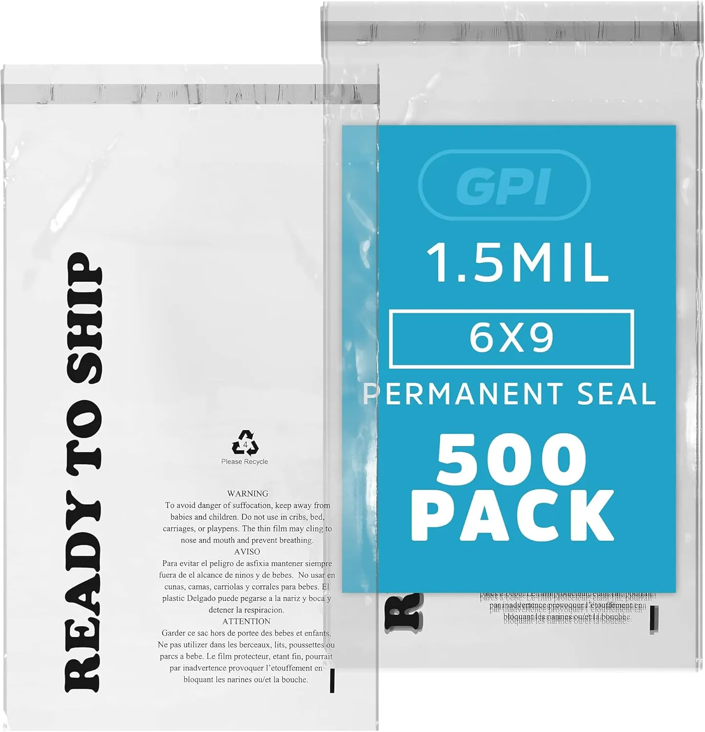 GPI - Pack of 500 6" X 9", Clear Self Seal Poly Bags - 1.5 Mil Poly bags with Permanent Adhesive Strip & Suffocation Warning for Packaging T Shirts & Clothing. Perfect for Shipping Supplies with FBA