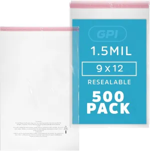 GPI - Pack of 500 9" X 12" Clear Self Seal Poly Bags, 1.5 Mil - Resealable Polybags with Adhesive Strip & Suffocation Warning for Packaging T Shirts Clothing, Shipping Supplies with FBA