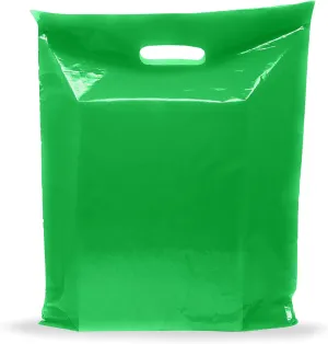Green Merchandise Plastic Shopping Bags - 200 Pack 12" x 15" with 1.5 mil Thick - Die Cut Handles - Perfect for Retail, Party Favors, Birthdays, Goodie Bags - Color Green - 100% Recyclable
